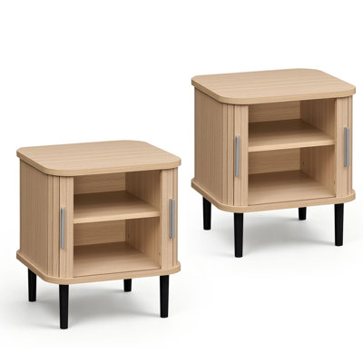 Ensemble de 2 tables de chevet cannelées avec portes coulissantes et tablette réglable pour salon, couleur naturelle