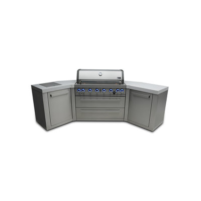 Mont Alpi Premium Stainless Steel U-shaped 110"W Modular Outdoor Kitchen Island with Infrared Side and Infrared Side Burner + 44"W 6-Burner BBQ Grill + White Granite Countertops + Storage Cabinets & Drawers + Natural Gas Convertible + Lifetime Warranty