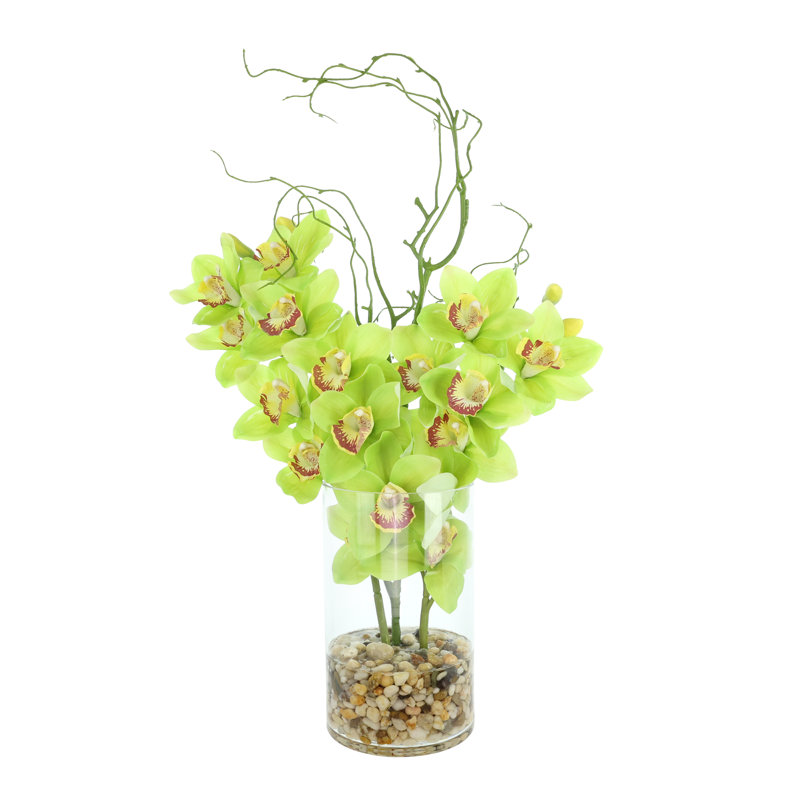 Green Orchids And Vine In Glass Vase With Rocks And Acrylic Water