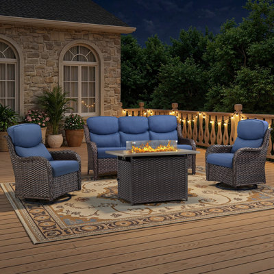 5 - Person Handwoven Wicker Patio Conversation Fire Pit Set With 5" Olefin Cushions Swivel Glider Chairs