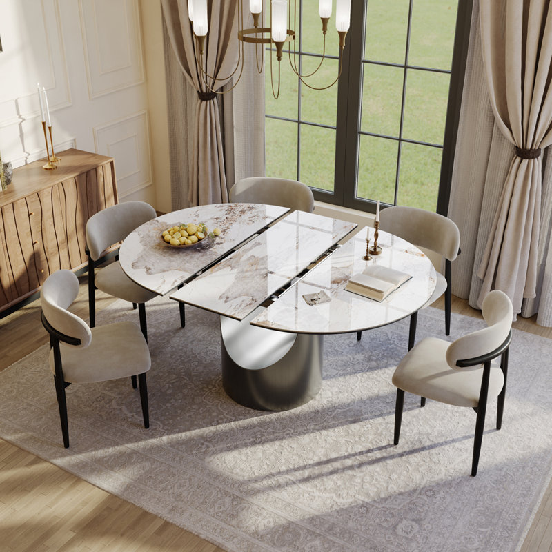 Table de salle à manger extensible moderne de 47 à 63 po pour 4-6 personnes, plateau en verre fritté et en verre Pandora, base en métal bronze, conception à rallonge papillon, surface ronde facile à nettoyer, table de cuisine compacte - Style centenaire