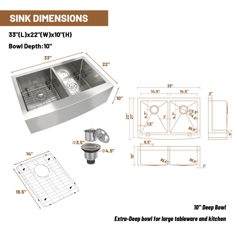 33'' L Farmhouse / Apron Double Bowl Stainless Steel Kitchen Sink