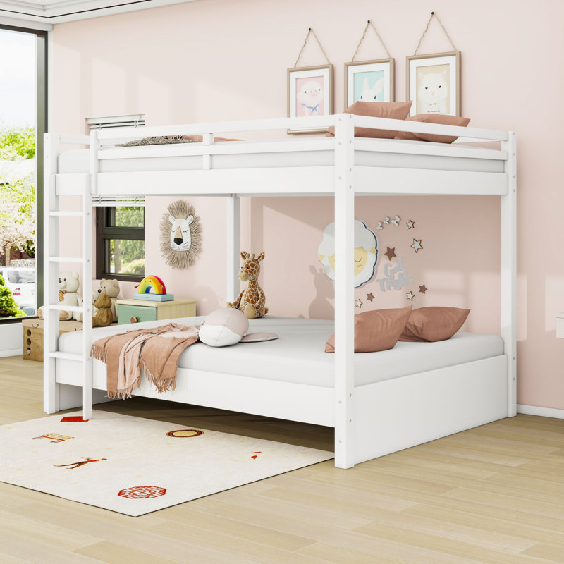 Queen Over Queen Wood Bunk Bed With Sturdy Frame And Ladder, White