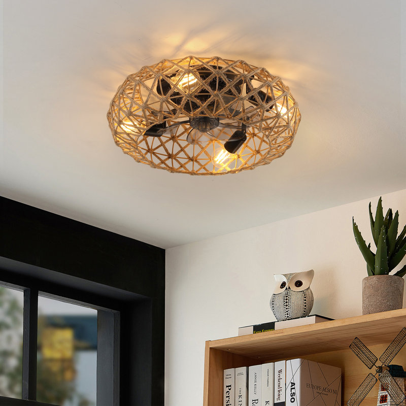 Ventilateur de plafond en corde de jute avec 4 ampoules, intensité variable, 7 DC, moteur à courant continu réversible