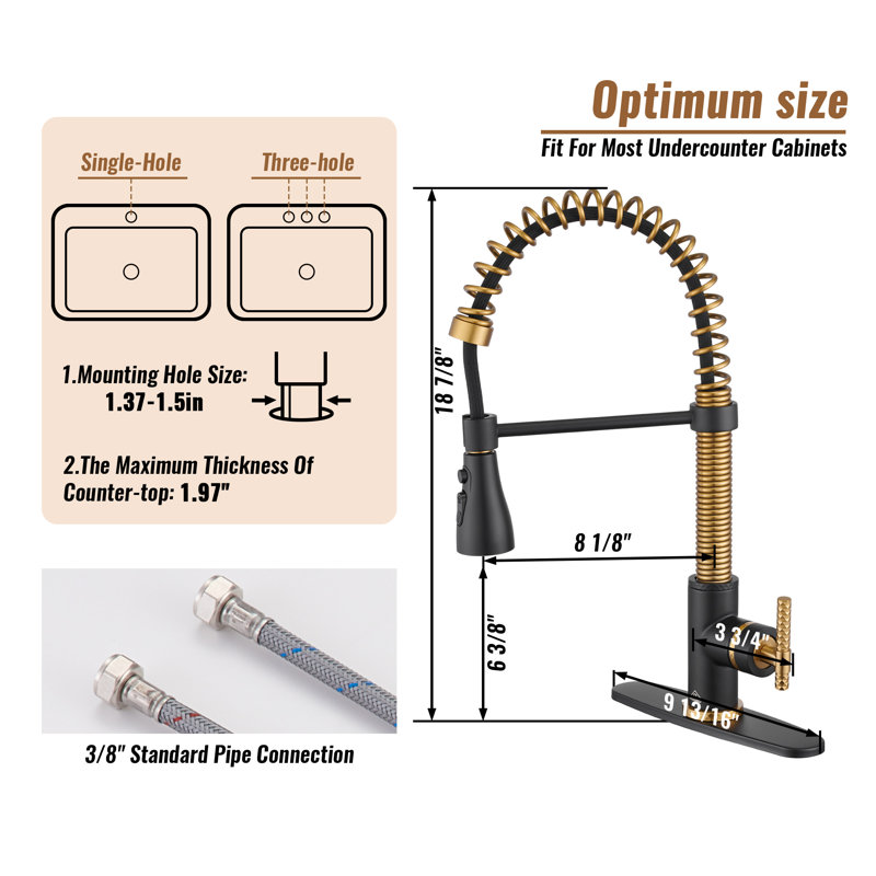 Bolden CASAINC 1.8 GPM Spring Neck Pull Down Kitchen Faucet with Deck Plate, Matte Black/Brushed Gold