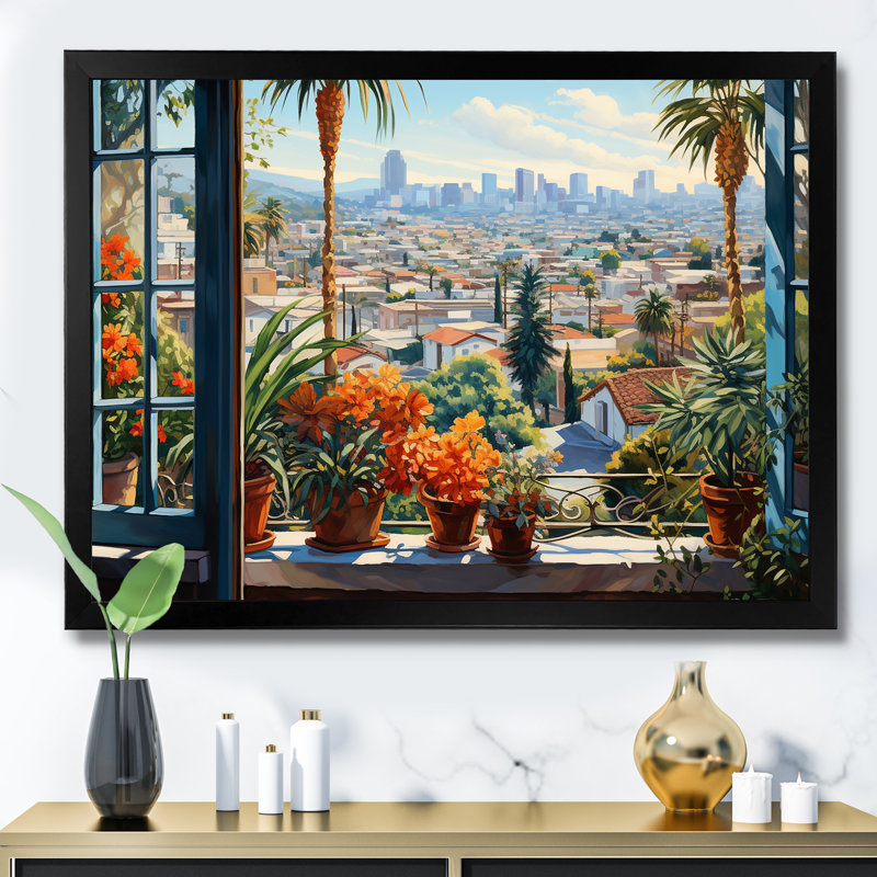 Los Angeles Window View 5 - Los Angeles, art mural, Cadre d'angle fermé noir, H 30 po x l 40 po x P 1,5 po