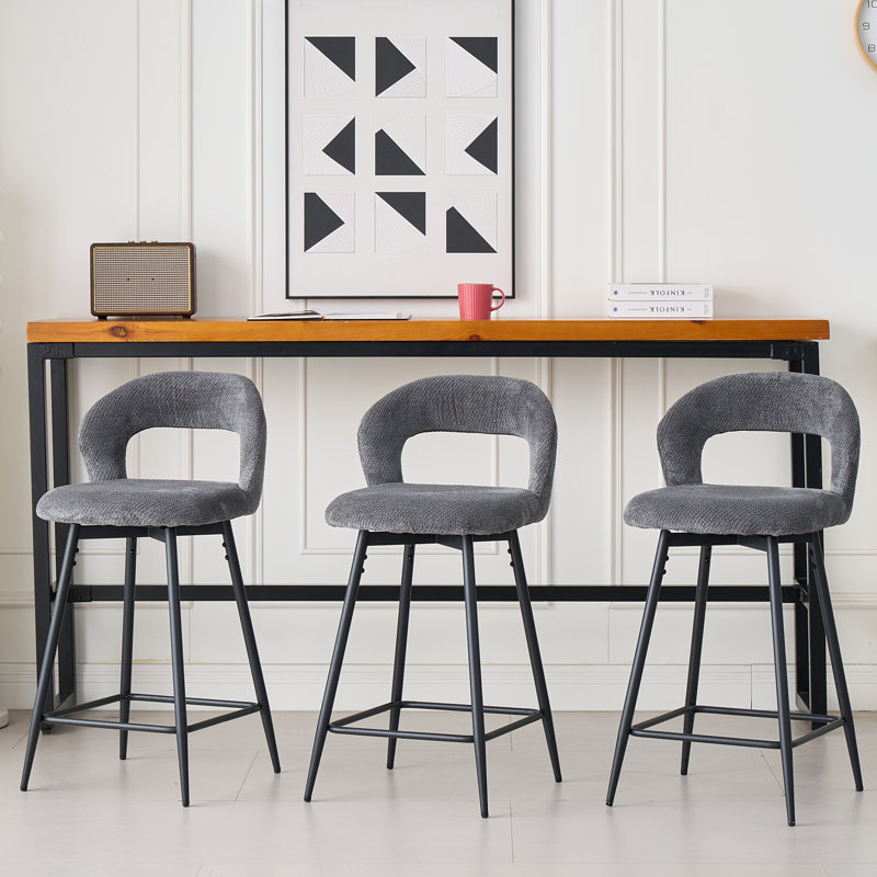 Swivel Upholstered Bar Stool with Iron Frame, Gray