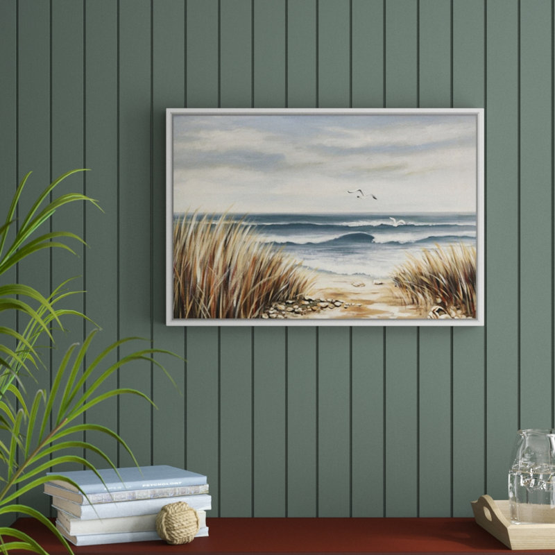 « seascape beach », peinture sur toile, H 21,7 po x l 31,7 po x p 1,75 po, Cadre flottant blanc