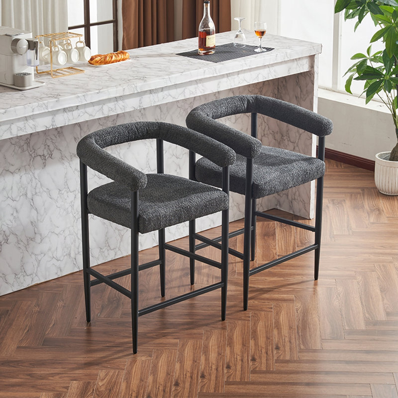 Boucle Upholstered Metal Bar Stools Set with Armrests, Dark Gray