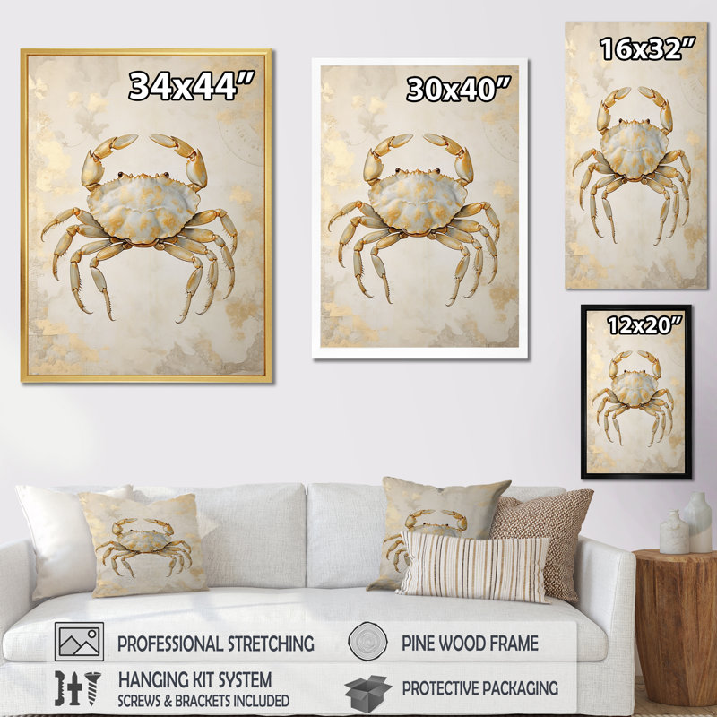 Minimalisme crabe, peinture II sur toile, Cadre flottant doré, H 20 po x l 12 po x P 1 po
