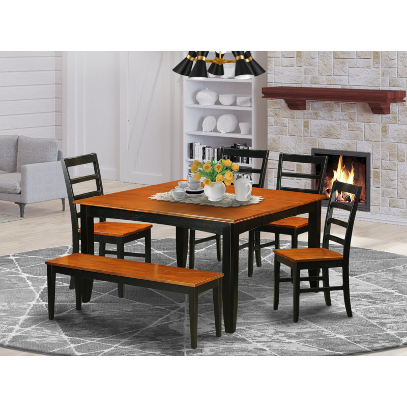 Ensemble de table de salle à manger 5 pièces moderne comprenant une table carrée en bois avec feuille papillon et 4 chaises de salle à manger, noir et cerise