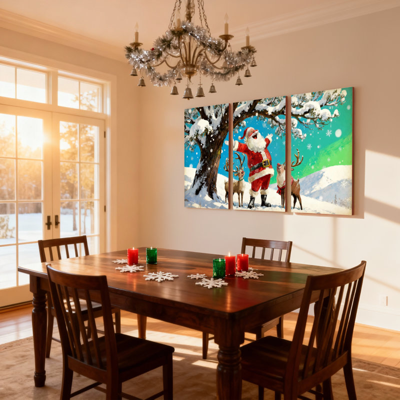 Père Noël de Noël avec renne dans la forêt enneigée, ensemble de 3 impressions sur toile, H 18 po x l 36 po
