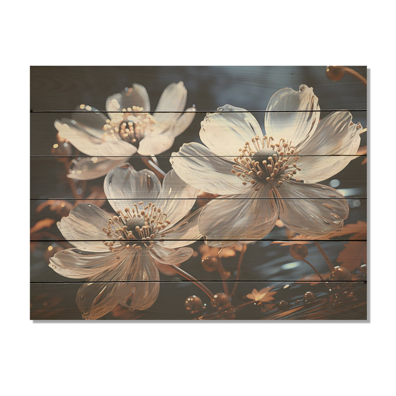 Fleurs transparentes blanches et bleues I - fleurs, art mural sur bois de pin naturel, H 10 po x l 20 po