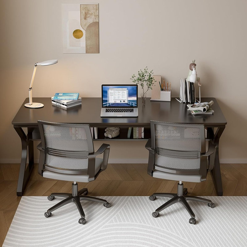 Bureau extra long de 63 po avec bibliothèque, table d'écriture double pour poste de travail pour 2 personnes, bureau moderne noir et bureau d'ordinateur pour la maison ou le bureau