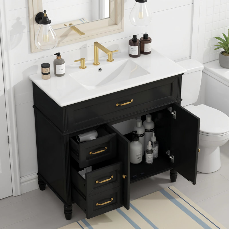 36"W Free-Standing Single Bathroom Vanity Set With Ceramic Sink, Solid Wood Frame, 2 Functional Drawers & Cabinet, Black