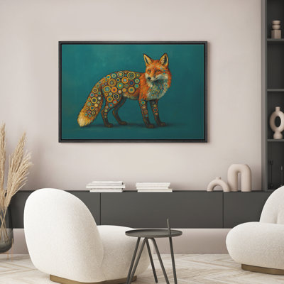 Whimsical Fox Wall Art - Colorful Geometric Animal Print on Teal Background, Framed Playful Decor for Kids' Room or Eclectic Spaces
