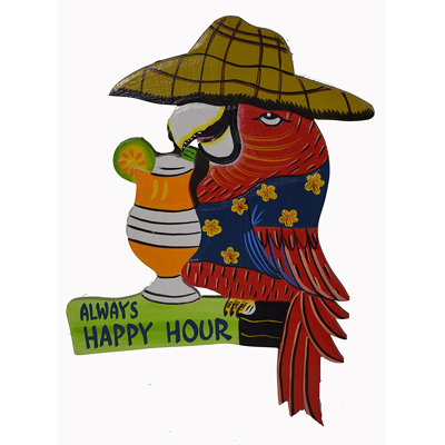 Perroquet en bois sculpté à la main TOUJOURS HEUREUX HEUREUX Cocktail avec chaise de chapeau de paille buvant un panneau de plage Tiki Tropical Island
