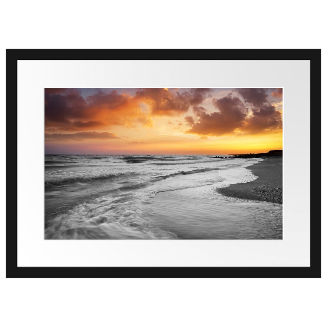 Gerahmtes Poster Strand mit Sonnenuntergang