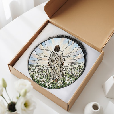 Jesus Lilies Stained Glass Window Panel，12"H