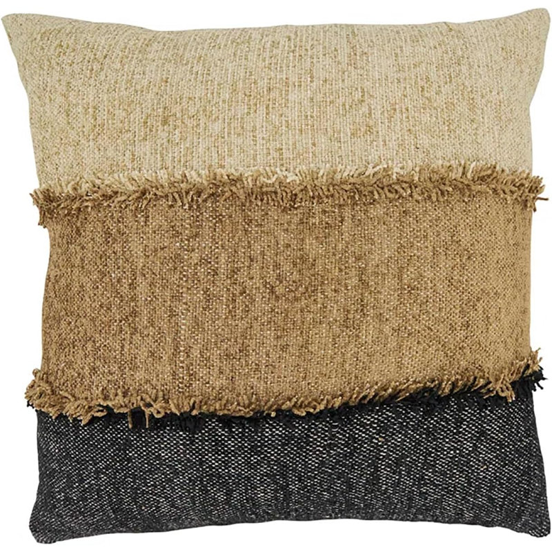 Housse de coussin en coton tissé à bande de couleur à franges l 20 po x L 20 po, Noir/naturel