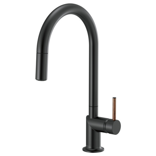 Odin® Pull-Down Faucet with Arc Spout, Matte Black, Wood Lever