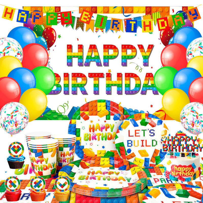 Building Block Birthday Party Supplies,72pcs Building Blocks Party Decorations & Tableware Set
