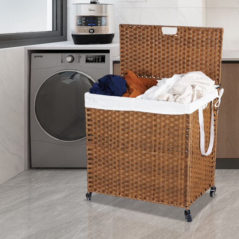 Lidded Laundry Hamper With Removable Bags, Pe Rattan Design, Powder-coated Frame For Clothes Storage, Brown