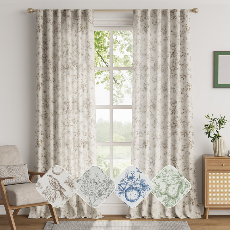 Linen Blend Farmhouse Floral Curtains Semi Sheer French Country Curtain Panels, Taupe, 50" W x 96" L
