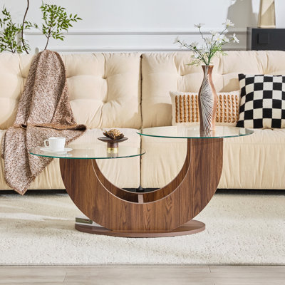 Table basse créative en U à deux niveaux en verre avec base en panneau de fibres à densité moyenne de couleur noyer