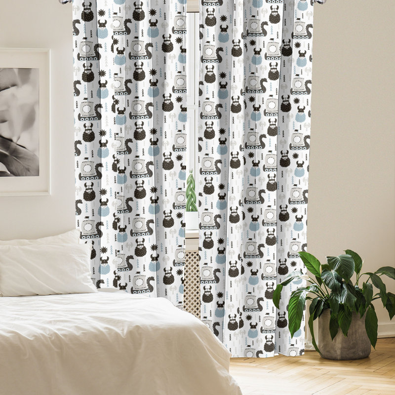 East Urban Home rideaux 4 panneaux scandinaves, bateaux à moteur Viking Folk noir / bleu pâle / gris 72986, L 56 po x L 84 po