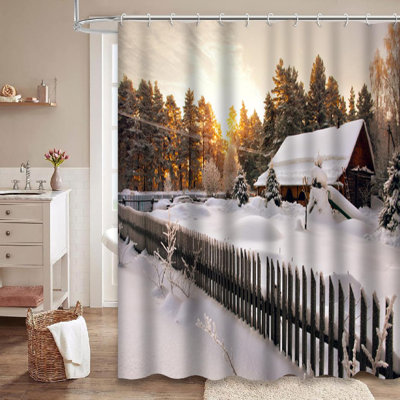 Forest Old Wood Snow House Winter Dawn Forest Old Weather Scene Home Shower Curtain with 12 Hooks