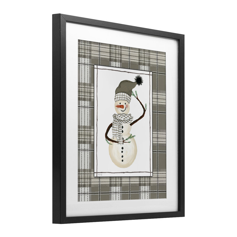 Hiver bonhomme de neige écossais vert, reproduction encadrée sous verre, H 16 po x l 13 po, Cadre noir minuit