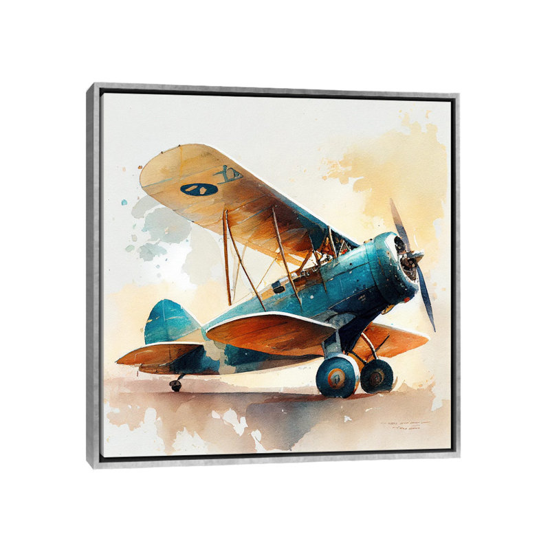 Aquarelle, avion rétro I, Toile argentée avec cadre flottant, H 37 po x l 37 po x P 1,5 po