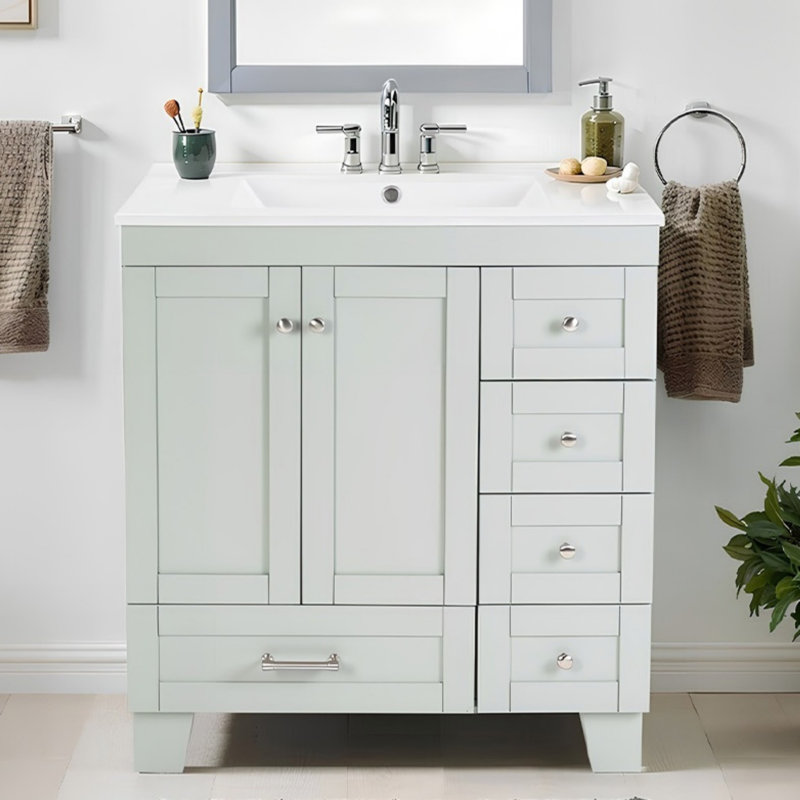 30" Blue Grey Bathroom Vanity With Ceramic Sink - Soft-Close Drawers, Solid Wood Frame, Multi-Organizer Storage ,76X47x85cm