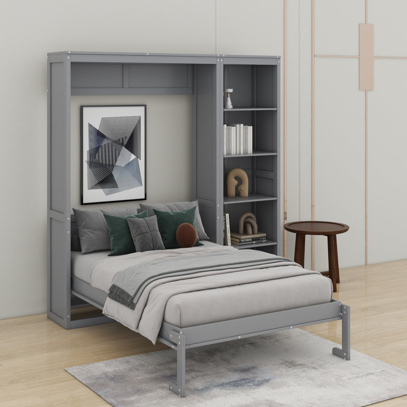 Lit escamotable double pleine grandeur avec tablettes, gris, Double