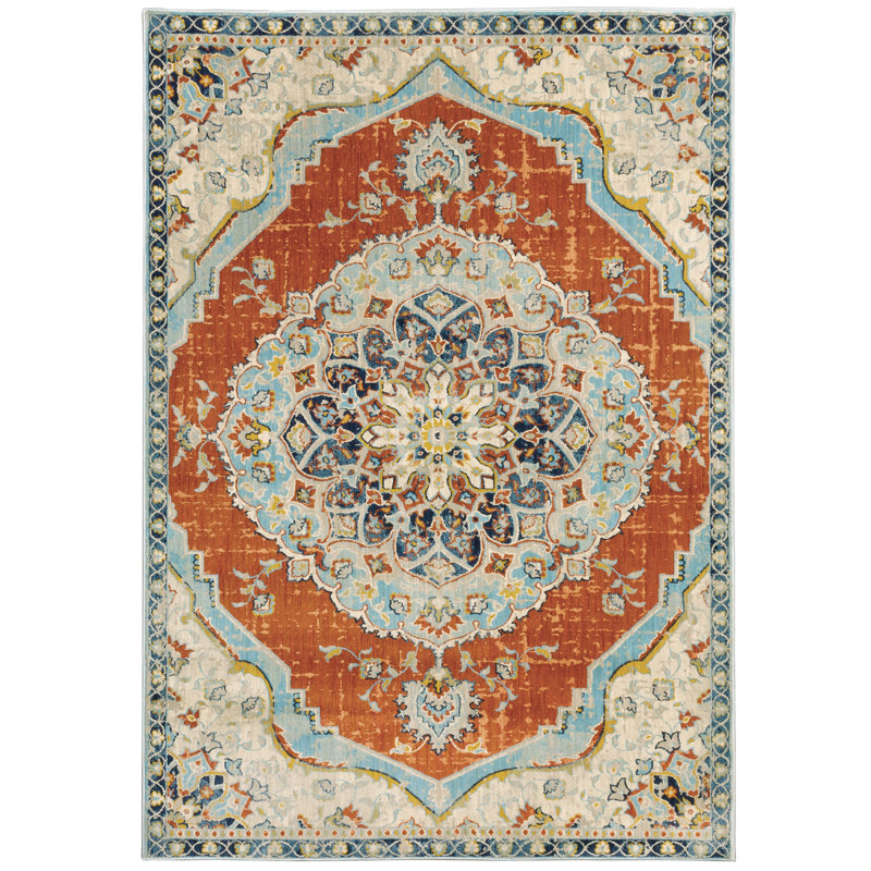 Tapis orange / bleu Calin, Rectangle 9 pi 10 po x 12 pi 10 po