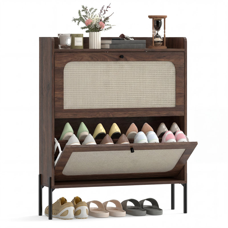 16 Pair Shoe Storage Cabinet, Dark Brown Wood