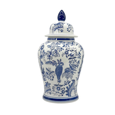 Pot en céramique à motif floral chinois bleu et blanc avec perroquet, 63,5 cm