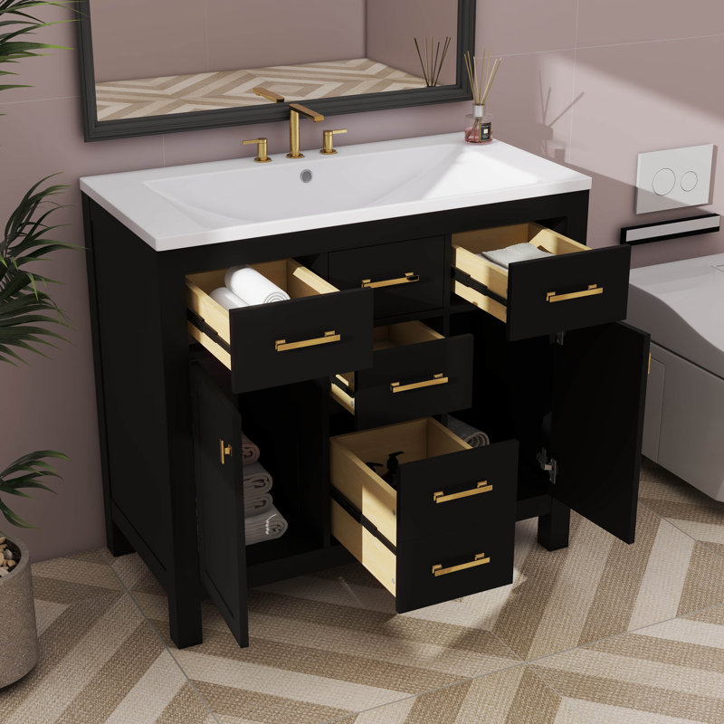Armoire de meuble-lavabo sur pied 36 po avec 4 tiroirs et 2 armoires de rangement modernes 36 po, Noir