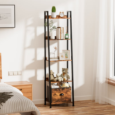 Ladder Shelf, Upgraded Elevated Wood Ladder Bookshelf with Drawer, Ladder Shelf Bookcase, Tall Bookshelf with Steel Frame, Rustic Storage Rack for Living Room, Home Office, Bedroom
