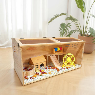 Large Wooden Hamster Cage - Indoor Gerbil Cage with Acrylic Viewing Window & Openable Top, Hamster Habitats Enclosure, Small Pet House for Gerbils, Mice, Syrian Hamster, Guinea Pig
