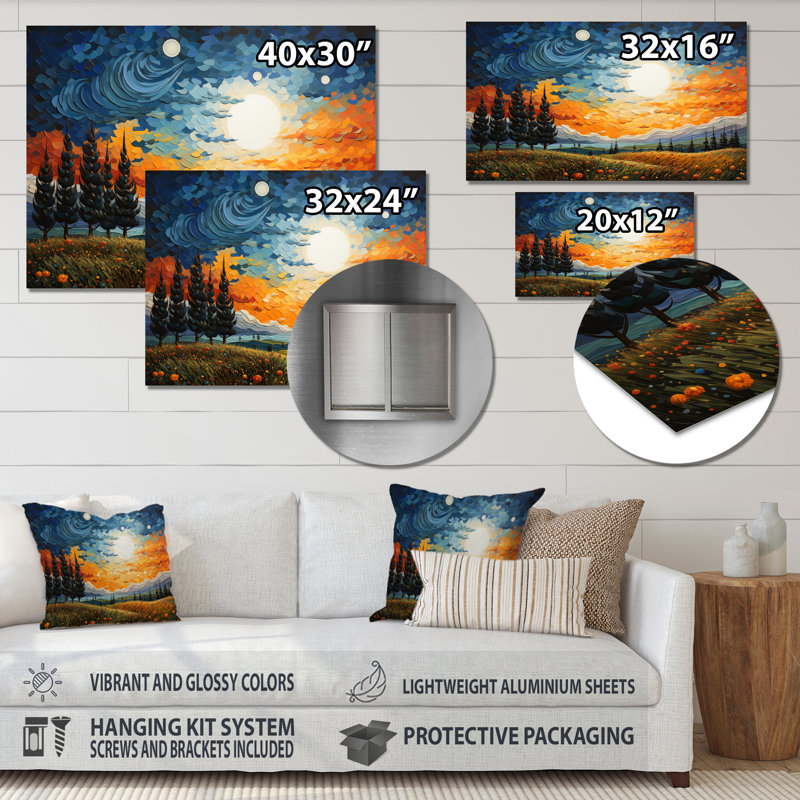 «Autumn Forest Lake Views II - Vangogh», impression métallique traditionnelle, H 16 po x l 32 po