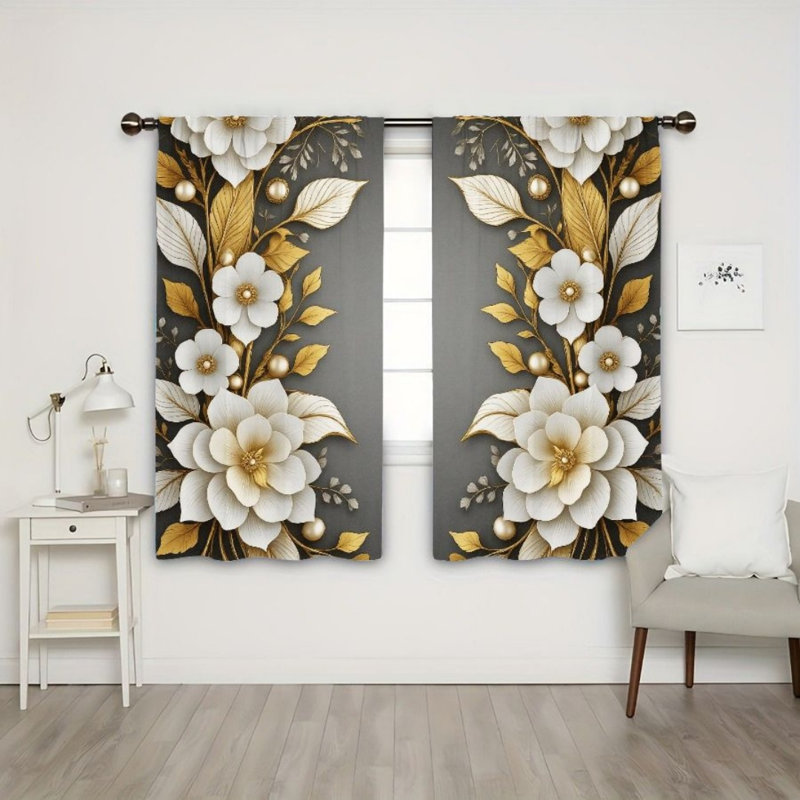 2Pcs Decorative Flower Curtains, Gold and White Floral Design, Rod Pocket Light Filtering, Elegant Modern Style, All-Season For Living Room Bedroom Home Decor