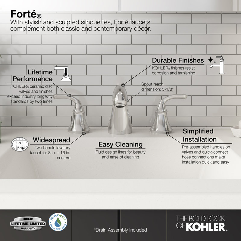 Forté Widespread Bathroom Faucet with Drain Assembly, Polished Chrome