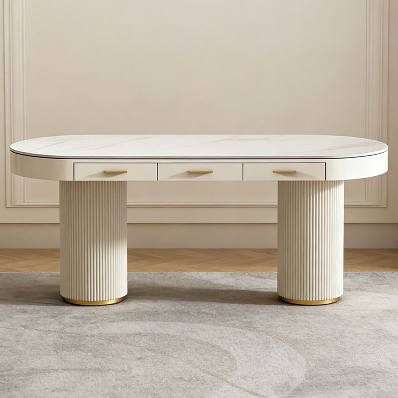 Bureau d'écriture avec tiroirs White Oval Sintered Stone, H 29,53 po x l 70,87 po x P 27,56 po