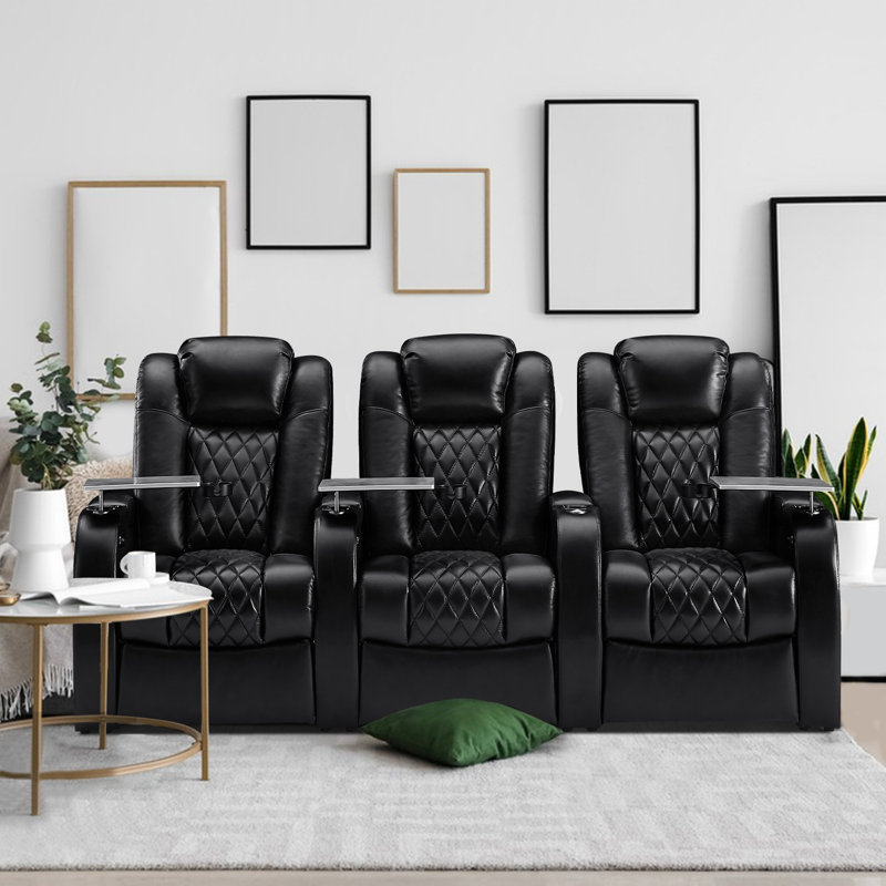 Leather Power Reclining Home Theater Seating with Cup Holder, Black Genuine Leather