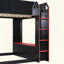 Lit mezzanine en bois avec bureau réglable en hauteur, tiroirs, compartiments de rangement, tringle et lumières RVB-128966675