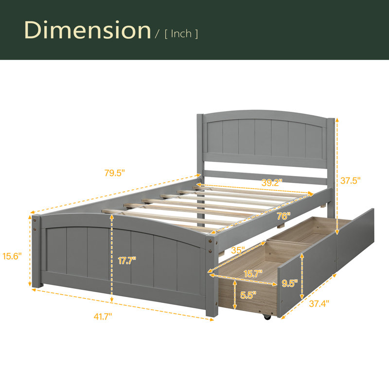 Lit plateforme simple avec deux tiroirs, Gris