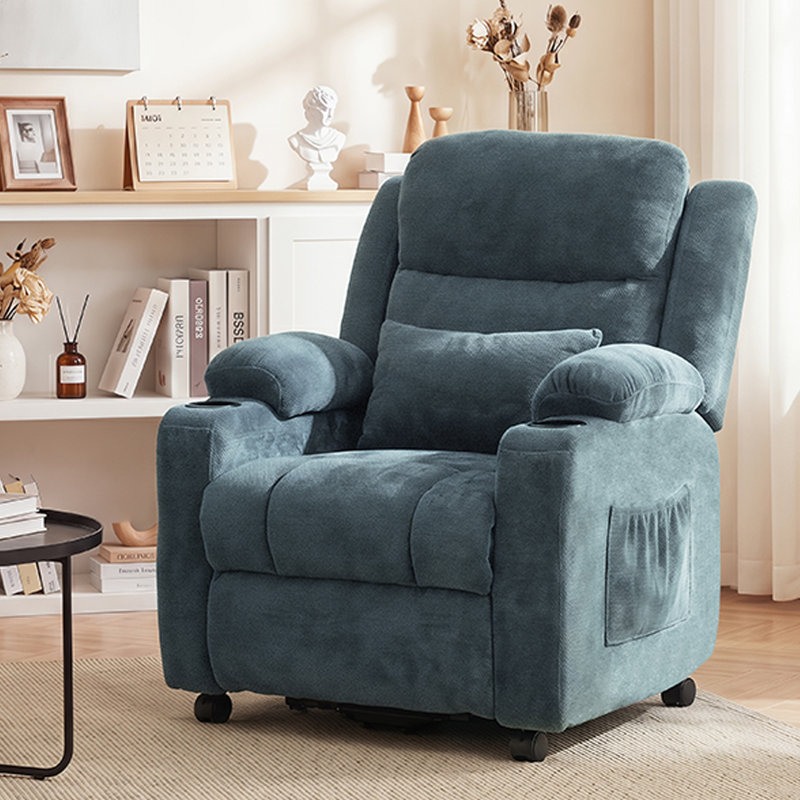  Fauteuil inclinable électrique moderne en tissu de chenille rembourré avec massage, siège pivotant à 360 degrés avec porte-gobelet