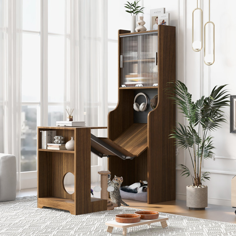 Multi-use Walnut Mdf Mid-century Cabinet For Cats With Scratch Bed